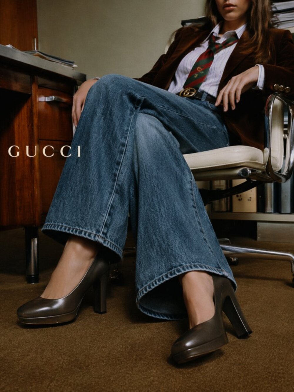 Gucci Dark Brown Leather Platform Pumps with Block Heel